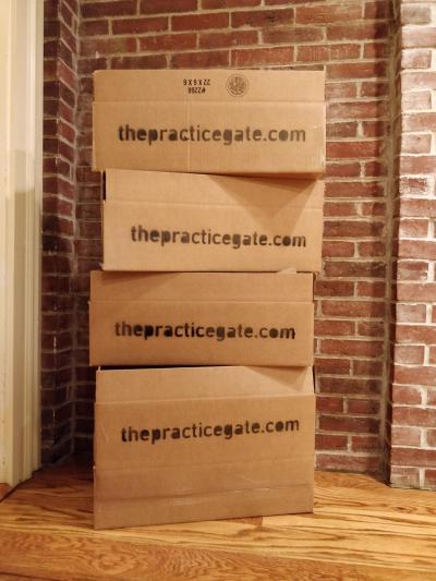 A stack of four rectangular cardboard boxes with 'thepracticegate.com' stenciled on the side.